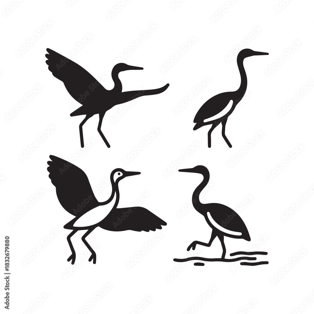 Fototapeta premium Bird Silhouettes, Elegant Heron and Crane Vector Illustrations. 
