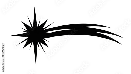 A stylized black silhouette of a shooting star with a bright burst of light and a trailing tail against a white background representing cosmic events and celestial phenomena