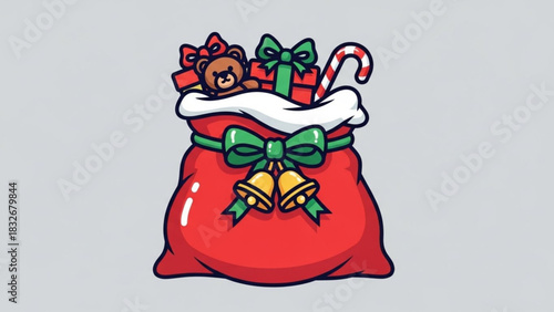 A festive cartoon illustration of a red santa sack overflowing with christmas gifts including a teddy bear wrapped presents a candy cane and decorated with green bows and golden bells