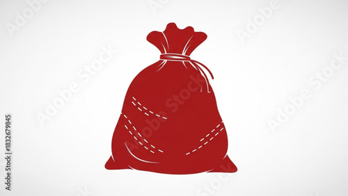 A simple stylized illustration of a red gift bag with a drawstring closure and stitched details isolated on a white background representing presents and surprises