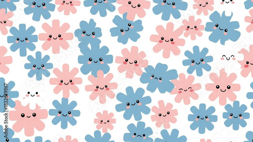 A charming seamless pattern featuring adorable kawaii style cartoon flowers in soft pink and blue hues with happy cheerful faces on a clean white background perfect for children s designs