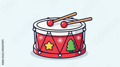 A charming cartoon illustration of a red toy drum adorned with festive christmas decorations like snowflakes a star and a christmas tree complete with drumsticks on a light blue background