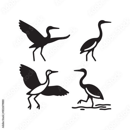  Bird Silhouettes, Elegant Heron and Crane Vector Illustrations. 