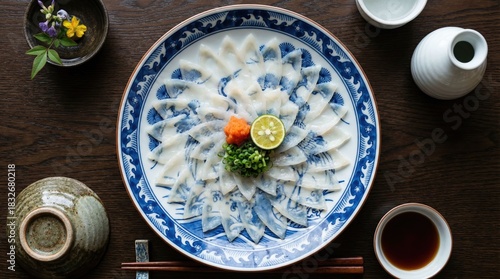 Fugu Pufferfish Sashimi arranged on plate with Sake top view