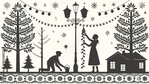 Delightful winter scene with people decorating for the holidays in a charming silhouette style, perfect for greetings