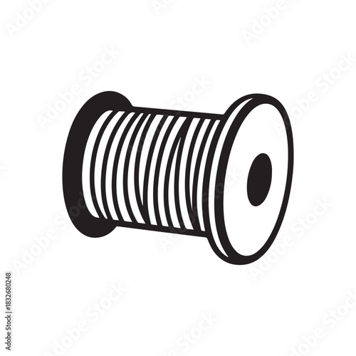  Black and White Wire Spool Icon, Simple Industrial or Craft Symbol.