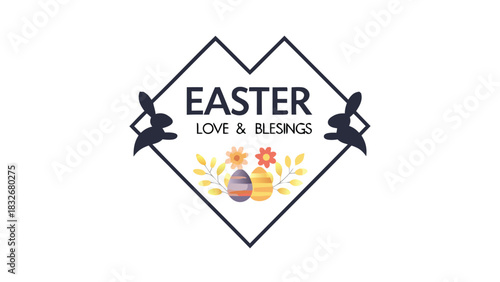 Happy easter graphic design with decorative elements including stylized bunnies colorful eggs flowers and foliage within a diamond frame conveying love and blessings for the holiday celebration