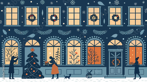 Charming winter townhouse scene with Christmas decorations and festive spirit for holiday season joy