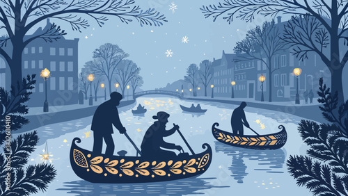 Serene winter canal scene with gondolas and gentle snowfall, a romantic escape to a peaceful cityscape