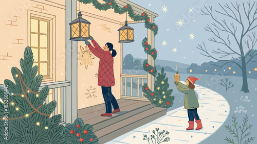 Cozy winter scene of family decorating home exterior with Christmas lights and festive holiday cheer