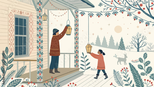 Warm winter scene with rustic charm, featuring holiday decorations and a cozy, inviting atmosphere in nature