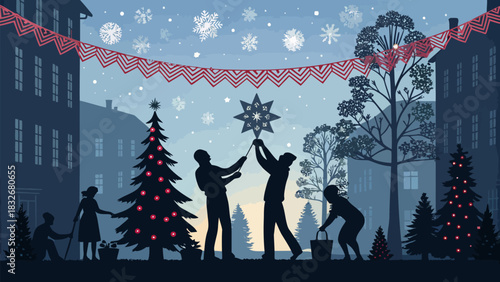 Festive Christmas town square scene with community decorating, holiday spirit and joyful preparation together