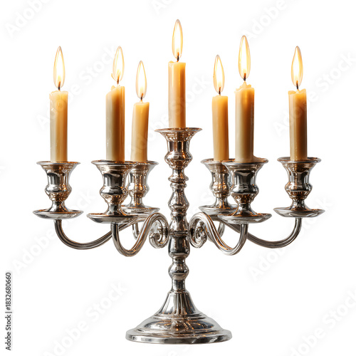 Elegant Seven Candle Candelabra with Lit Candles Isolated on White Background