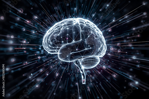 Digital Human Brain Illustration with AI Neural Network, Glowing Synapses, and Floating Data Streams, Symbolizing Artificial Intelligence, Cognitive Science, and Futuristic Technology