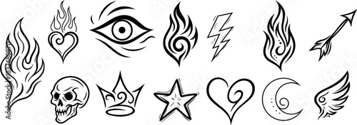 Tribal Tattoo Icon Collection. Featuring Flames, Skulls, Hearts, Stars, Arrows, and More. Editable Stroke Tattoo Outline Designs.