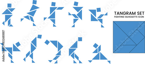 Tangram People Puzzle Set with 10 Color Shapes – Creative Fighting People Figures Vector Illustration