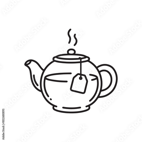 Classic Teapot Outline, Steaming Hot Beverage Icon with Tea Bag. 