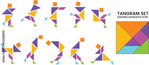 Tangram People Puzzle Set with 10 Color Shapes – Creative Fighting People Figures Vector Illustration