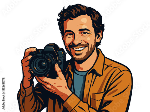 cheerful man aiming a DSLR camera, ideal for photography, content creation, and creative industry themes. Generative ai vector colorful pop art illustration.