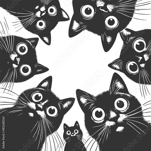 Adorable group of curious black cats with big eyes peering downward sketch engraving generative ai fictional character vector illustration. Scratch board imitation. Black and white image.