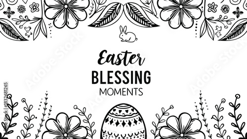 Hand drawn black and white easter illustration with decorative flowers a bunny and a patterned egg featuring the text easter blessing moments for festive greetings and celebrations