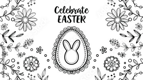 Celebrate easter with a festive doodle design featuring a decorative easter egg with bunny ears surrounded by floral elements and text