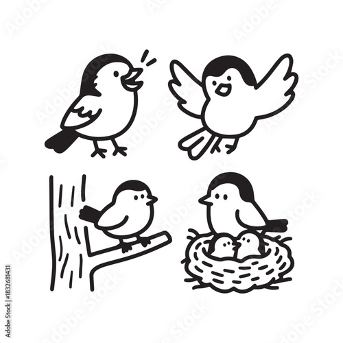 Cute Birdie Cartoon Set, Singing, Flying, Perching, and Nesting Illustrations.