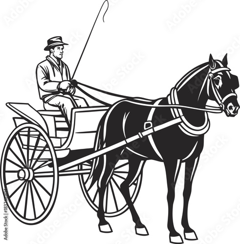 A black and white line drawing depicts a horse-drawn carriage. The main subject is a dark-colored horse, positioned in the right half of the frame, facing the viewer in a three-quarter view. It’s wear