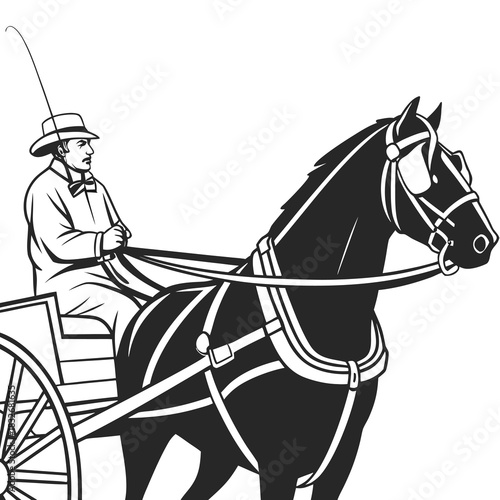 A black and white line drawing depicts a horse-drawn carriage. The main subject is a dark-colored horse, positioned in the right half of the frame, facing the viewer in a three-quarter view. It’s wear