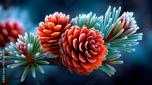 Captivating close-up of vibrant orange pine cones dusted with delicate frost on a dark, moody background, evoking winter's crisp beauty and natural textures.