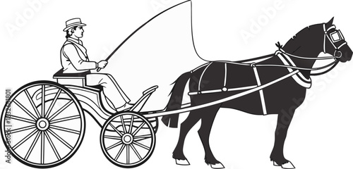 A black and white line drawing depicts a horse-drawn carriage. The main subject is a dark-colored horse, positioned in the right half of the frame, facing the viewer in a three-quarter view. It’s wear
