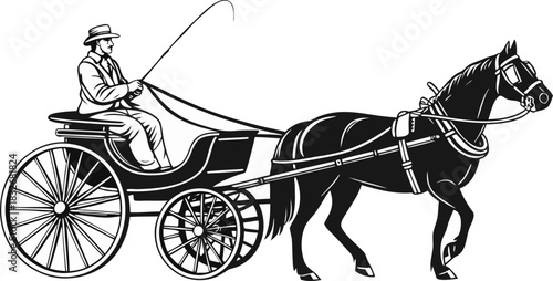 A black and white line drawing depicts a horse-drawn carriage. The main subject is a dark-colored horse, positioned in the right half of the frame, facing the viewer in a three-quarter view. It’s wear