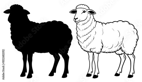 Standing Sheep Silhouette and Outline Vector Illustration, Transparent Background