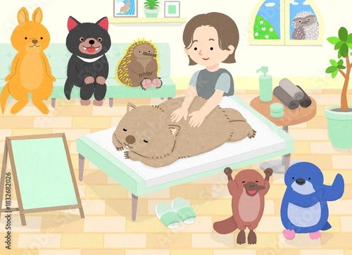女性セラピストからマッサージを受けるウォンバットと、動物たち（タスマニアデビル、ハリモグラ、ワラビー、カモノハシ、リトルペンギン）