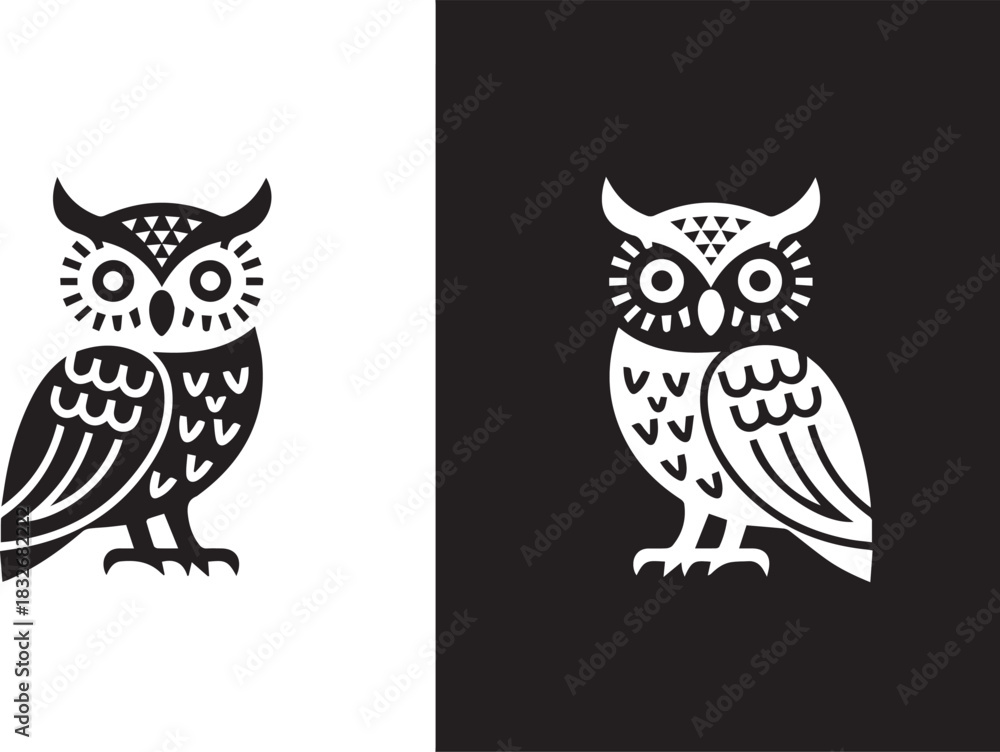 Fototapeta premium owl logo icon black and white mirrored vector illustration