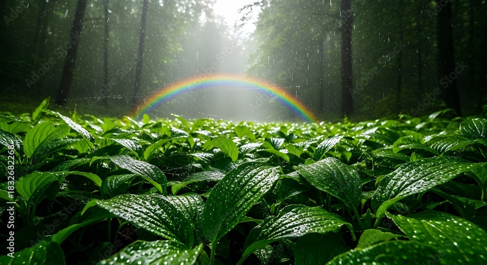 Naklejka premium Vibrant Green Forest After Rain with Glistening Leaves and Rainbow