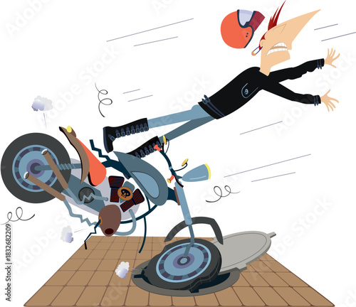 Road accident. Motorcyclist falling down from the motorbike