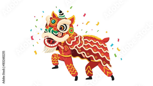 Traditional Chinese Lion Dance Performance with Confetti Celebration