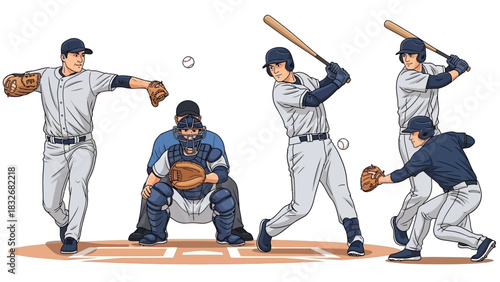 Set of baseball players in various dynamic poses including a pitcher throwing, a batter swinging, and a catcher ready