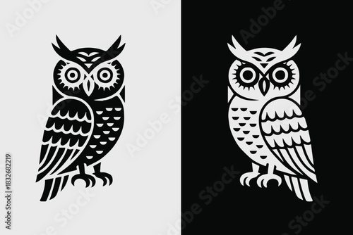 owl emblem symmetrical black white vector badge design
