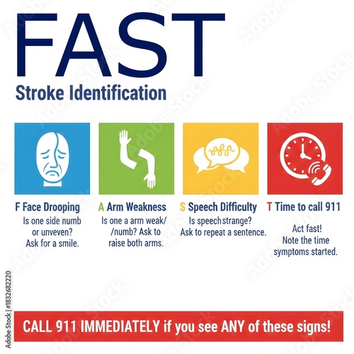 Medical emergency acronym stroke detection F.A.S.T infographic white background illustration