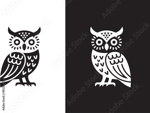 owl logo icon black and white mirrored vector illustration