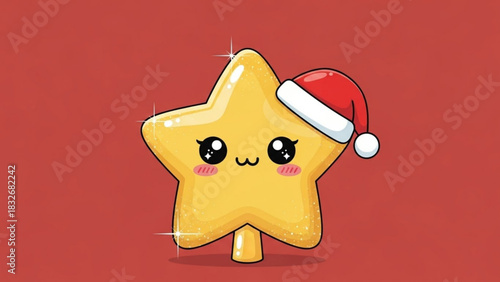 Cute cartoon yellow star wearing a santa hat with sparkling glitter and blushing cheeks against a red background perfect for christmas and holiday designs