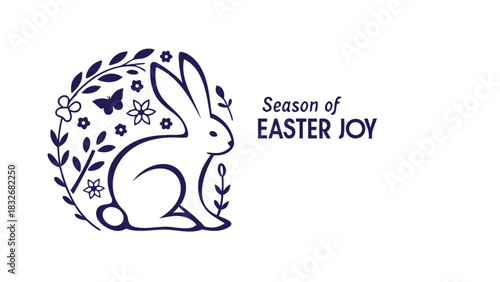 A charming navy blue illustration of a rabbit surrounded by floral elements and a butterfly accompanied by the text season of easter joy perfect for spring celebrations