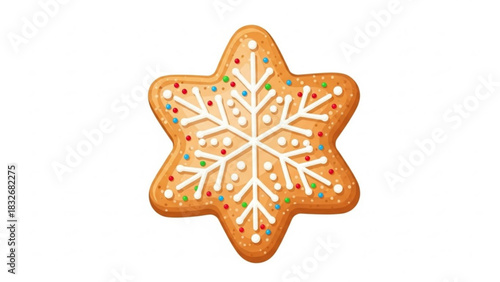 A festive star shaped gingerbread cookie decorated with white royal icing in a snowflake pattern and colorful sprinkles perfect for christmas and winter holidays