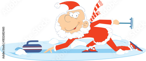 Curling sport. Funny Santa Claus plays curling