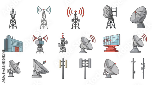 Telecommunication towers and satellite dishes collection of graphic icons for broadcast and network infrastructure