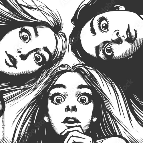 women with shocked expressions gazing downward in a dramatic, emotional moment sketch engraving generative ai fictional character vector illustration. Scratch board imitation. Black and white image.