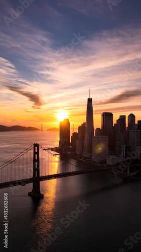 Cityscape at sunset bridge and buildings silhouetted against vibrant sky