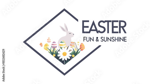 Charming easter illustration featuring a cute bunny colorful decorated eggs and a daisy in a diamond frame with the text easter fun sunshine